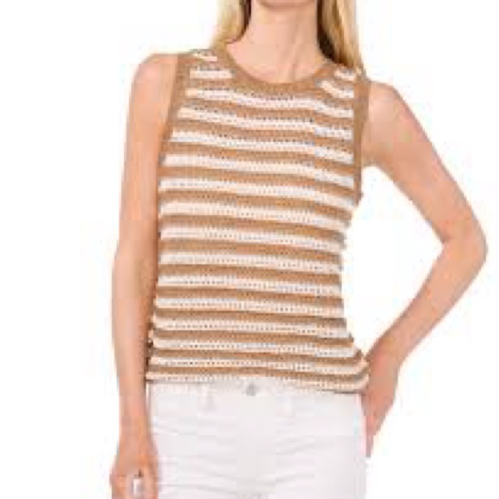 CeCe Size Large Open Knit Striped Tan and White Women's Sleeveless‎ Top